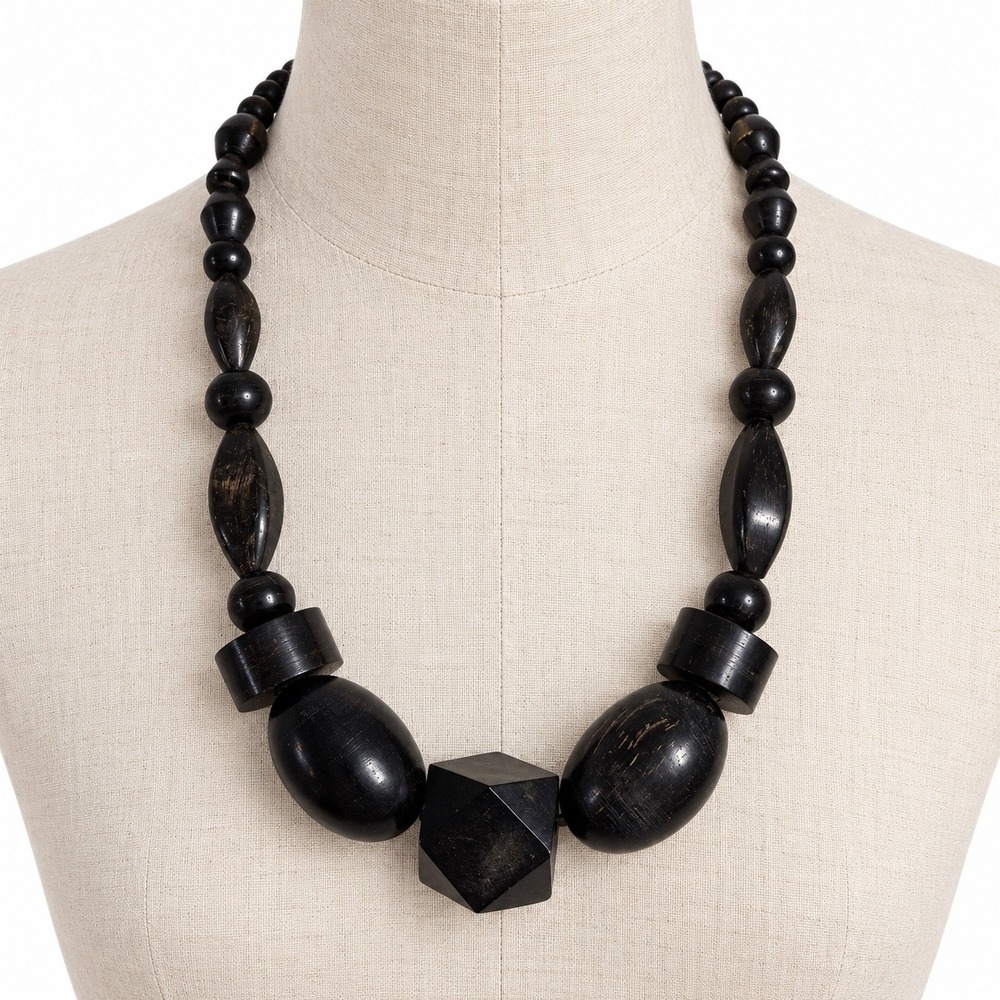 Vintage Wood Bead Necklace Black Geometric Chunky Statement